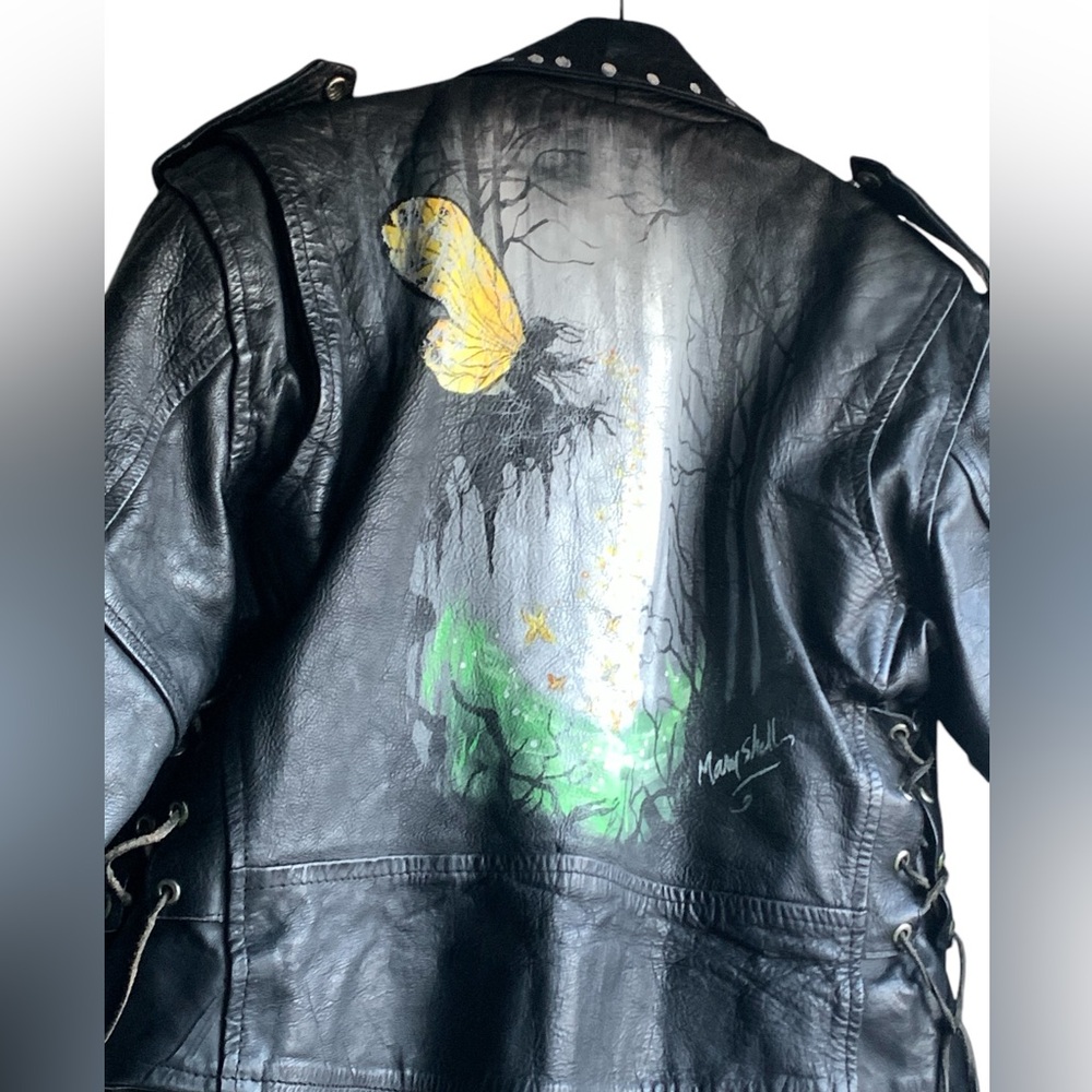 Vintage Black Leather Jacket Coat Artist Signed Mary Shell Fairy Painting Back - Picture 7 of 16